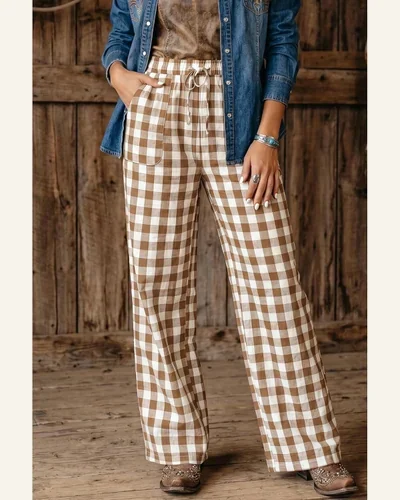 Gingham Plaid Shift Pants Wide Leg Pockets Casual, view 2