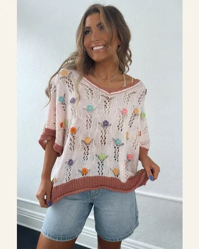 Casual Delicacy Embroidered Flowers Pullover Sweater Tops Colorblock, view 4