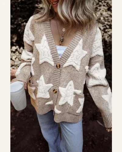 Cardigan Sweater Casual Khaki Sherpa Star Pattern Textured, view 4