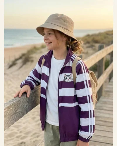 Girls Lightweight Windbreaker Jacket with Cat Embroidery Striped, view 3