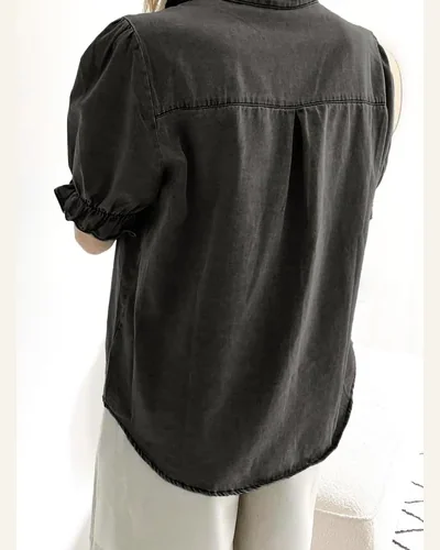 Short Sleeve Shirts Ruffle Chambray Top, view 3