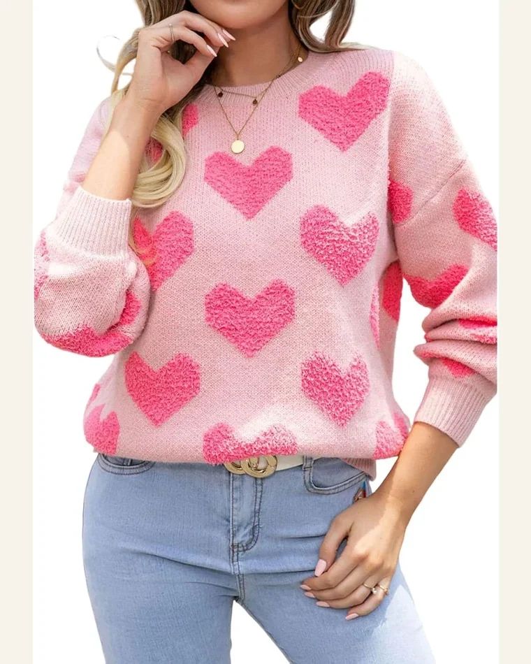 Fuzzy Heart Sweater Crew Neck Pearl Drop Shoulder by SELINK