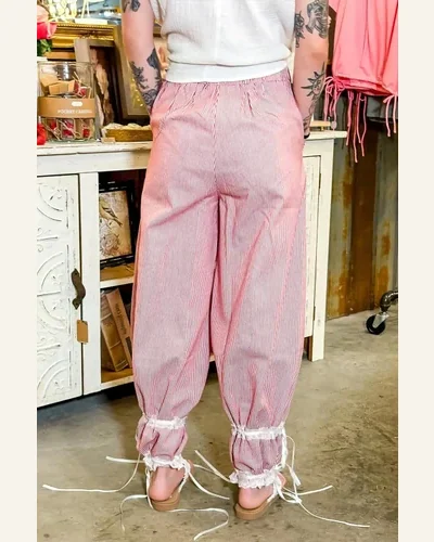 Casual Red Stripe Pants Contrast Lace Ribbon Tie, view 2