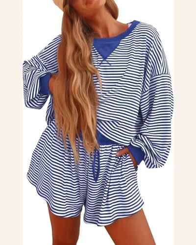 2 Piece Striped Shorts Sets Casual Loungewear Fall, view 1