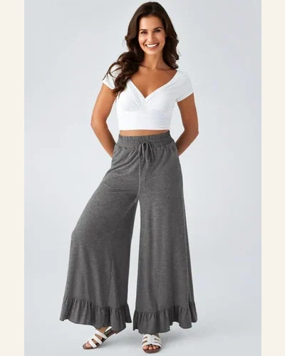 Casual Medium Grey Ruffled Wide Leg Pants Drawstring, view 2