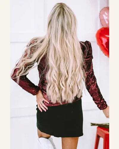 Tunic Tops Casual Burgundy Sequin Mock Neck Bubble, view 4