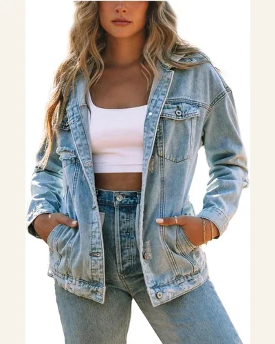 Denim Jean Jacket Casual Sky Blue Button Closure, view 1