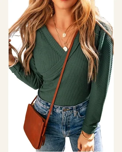 Bodysuit Elegant Blackish Green Waffle Knit Slim Fit, view 1