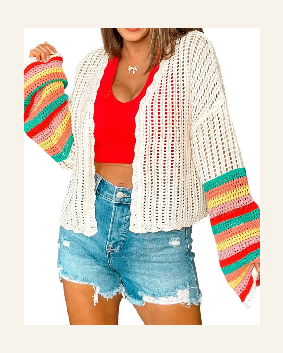 Casual White Color Block Hollow Out Cardigan Sweater by SELINK