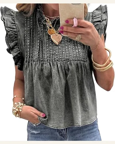 Casual Gray Ruffle Pleated Vintage Washed Denim Top, view 1