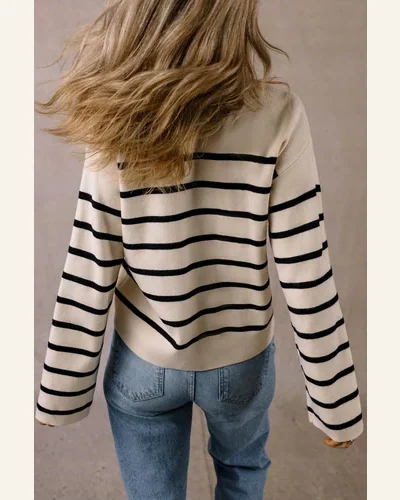 Cardigan Sweater Elegant Black Stripe Flap Pocket Buttoned, view 2