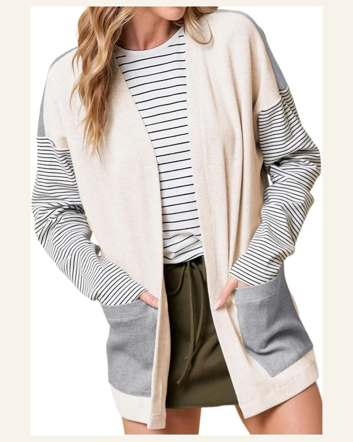 Cardigan Sweater Casual Black Stripe Colorblock Patchwork Open by SELINK
