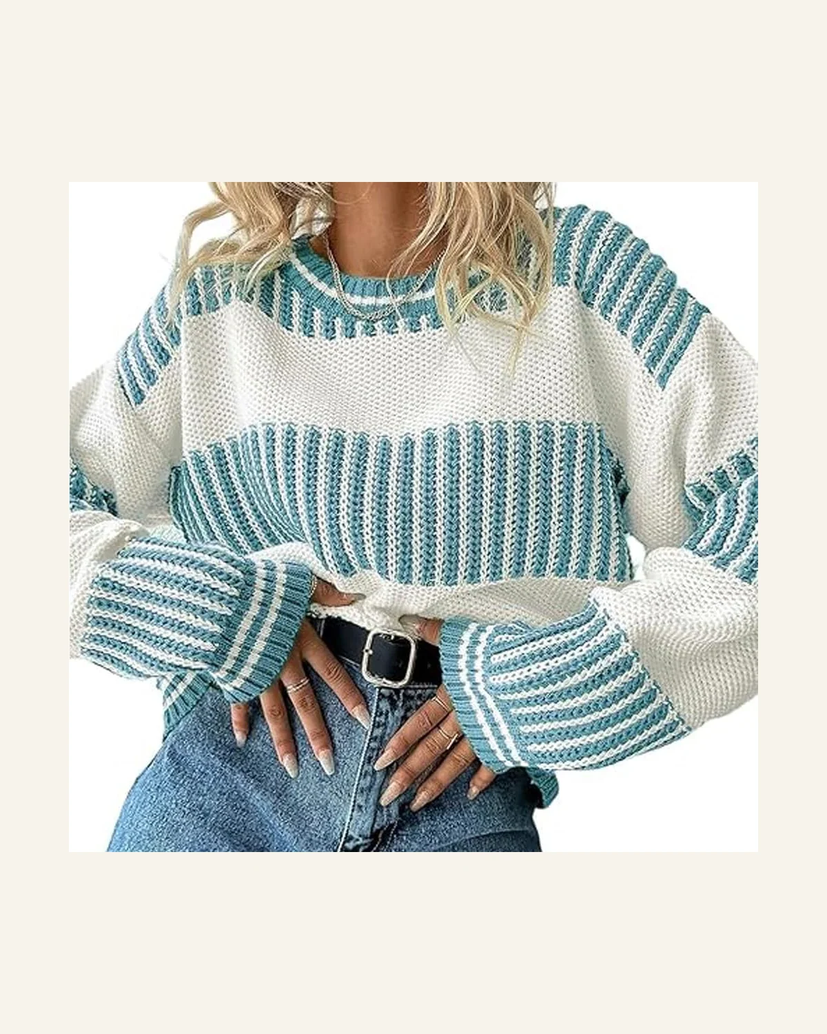 Casual Light Blue Striped Patchwork Drop Shoulder Loose Sweater by SELINK
