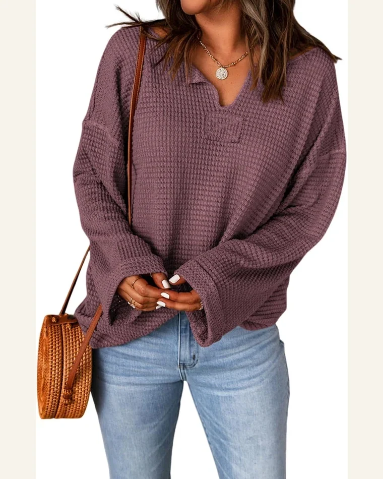 Tunic Tops Casual Purple Waffle Knit Loose Long by SELINK