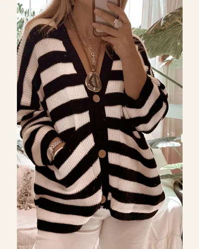 Casual Cardigan Sweater Black Textured Knit Buttoned Drop, view 4