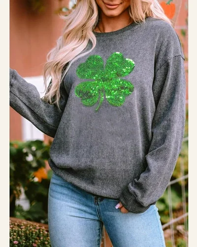 St Patricks Day Sweatshirt Sequin Graphic Crewneck Drop, view 3