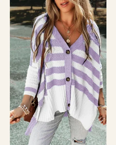 Cardigan Sweater Casual V Neck Buttoned High Low, view 3