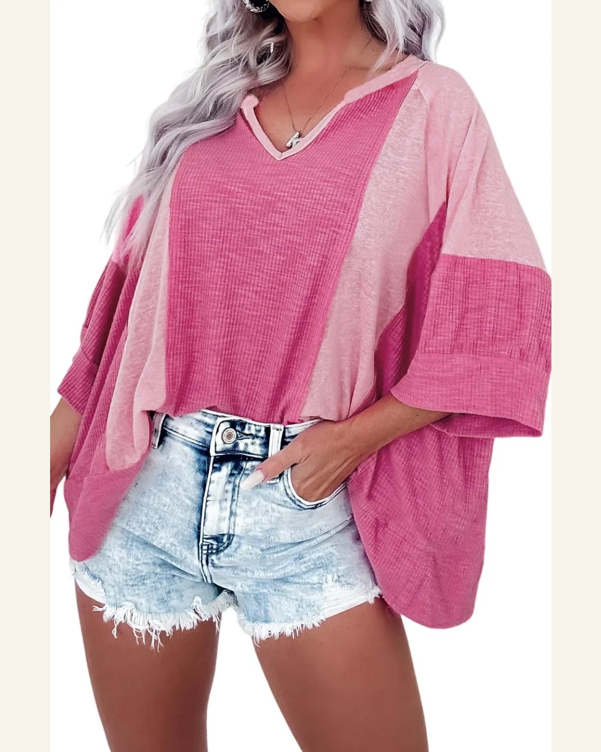 Tunic Tops Casual Bright Pink Textured Colorblock 3/4 by SELINK