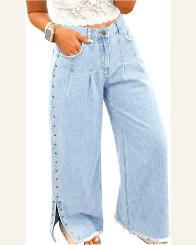 Casual Beau Blue Studded Side Slit Leg Frayed Jeans, view 1