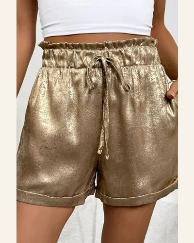 Casual Gold Metallic Luster Tie Elastic Waist Shorts, view 4