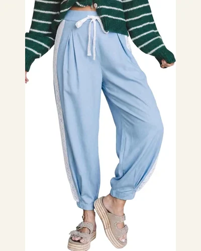 Floral Patch Wide Leg Pants Casual Lace Accent, view 1