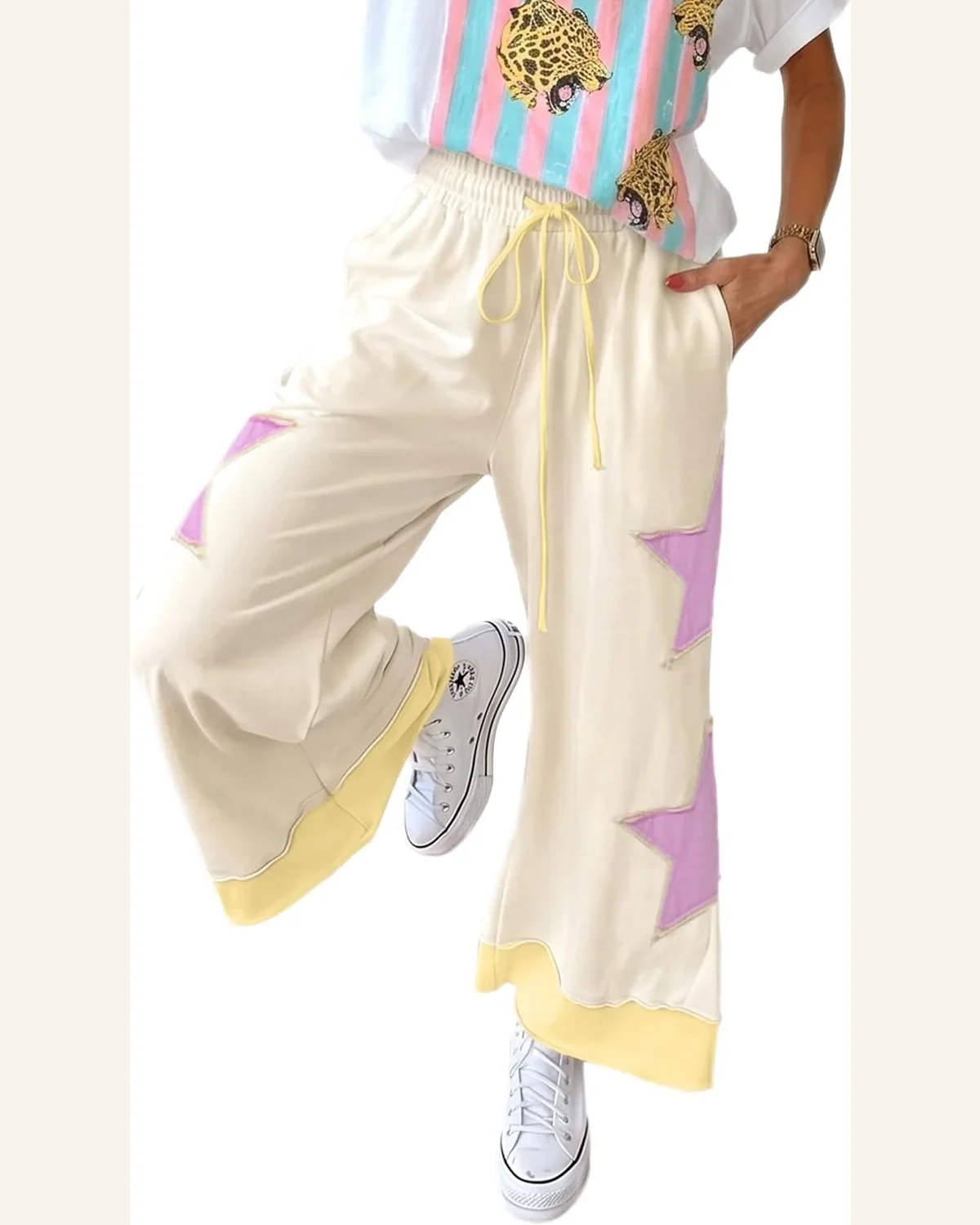 Summer Color Block Star Patchwork Palazzo Wide Leg Pants by SELINK