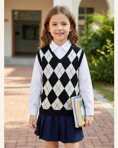 Boys Girls V Neck Argyle Knit School Uniform Top, view 3