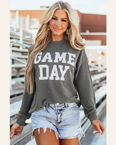 Tunic Tops Casual Dark Grey Corded GAME DAY, view 3