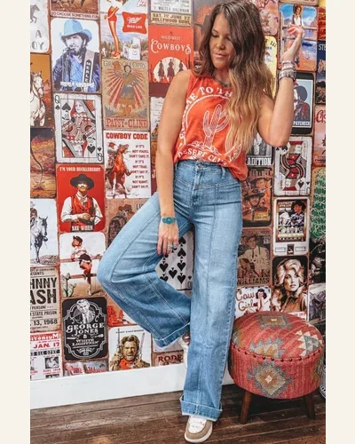 High Waisted Jeans Tailored Straight Loose Solid Daily, view 3