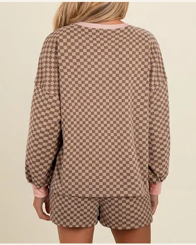 Checkerboard 2 Piece Sets Casual Long Sleeve Pullover, view 2