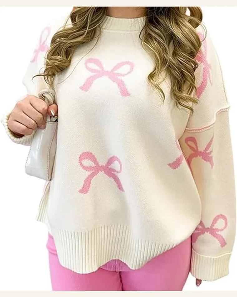Casual Pink Bow Ribbed Trim Drop Shoulder Loose Sweater by SELINK