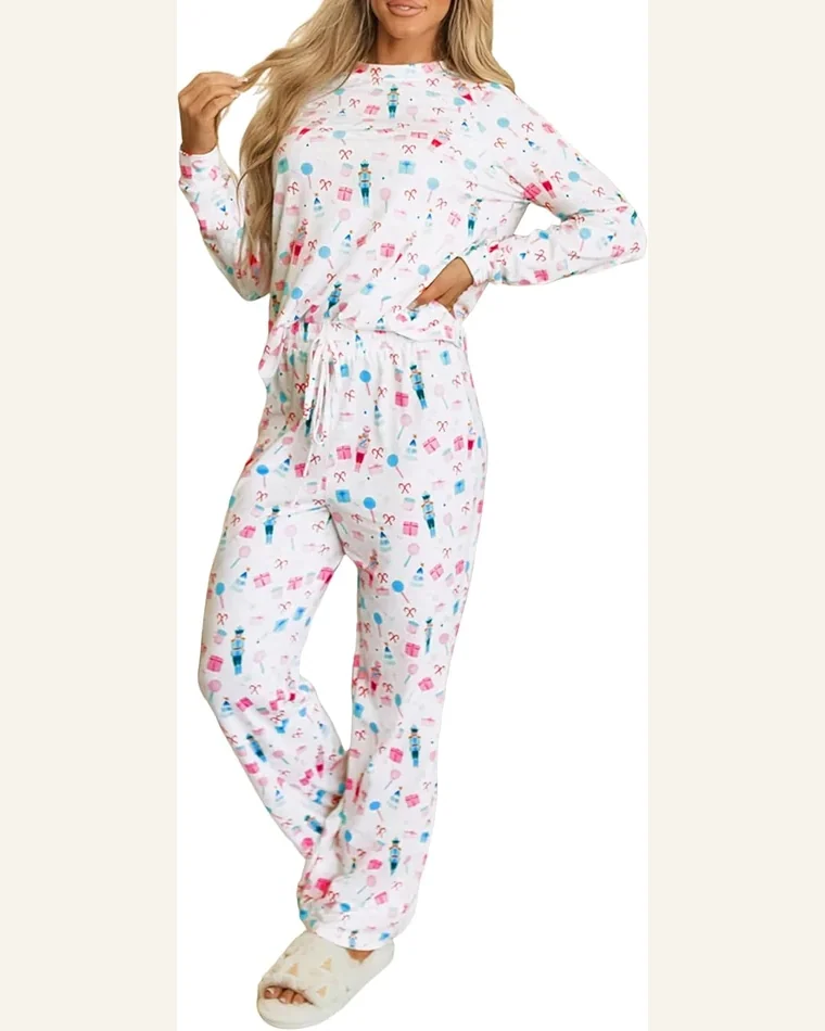 Christmas Pajamas Santa Claus Striped Print Long Sleeve Set by SELINK
