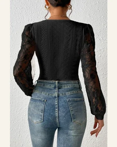 Bodysuit Casual Frenchy Contrast Lace Bishop Sleeve Bodysuit, view 2