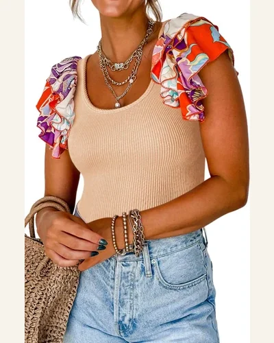 Bodysuit Elegant Ribbed Knit Tiered Ruffled Sleeve Bodysuit, view 4