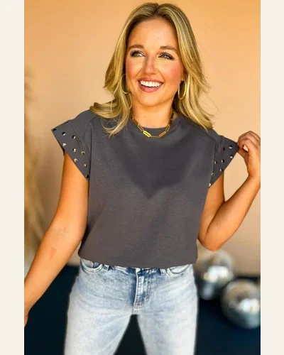 Short Sleeve T Shirt Casual Dark Grey Studded, view 4