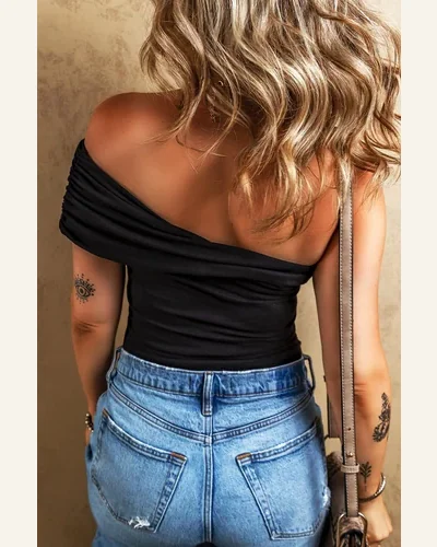 Bodysuit Basic Black Solid Color Pleated One Shoulder, view 2