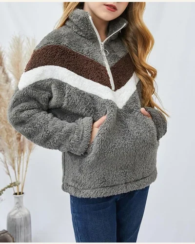 Girls Fuzzy Fleece Pullover Stripe Color Block Half, view 3