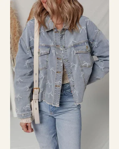 Casual Bow Knot Denim Jean Jacket Sky Blue, view 3