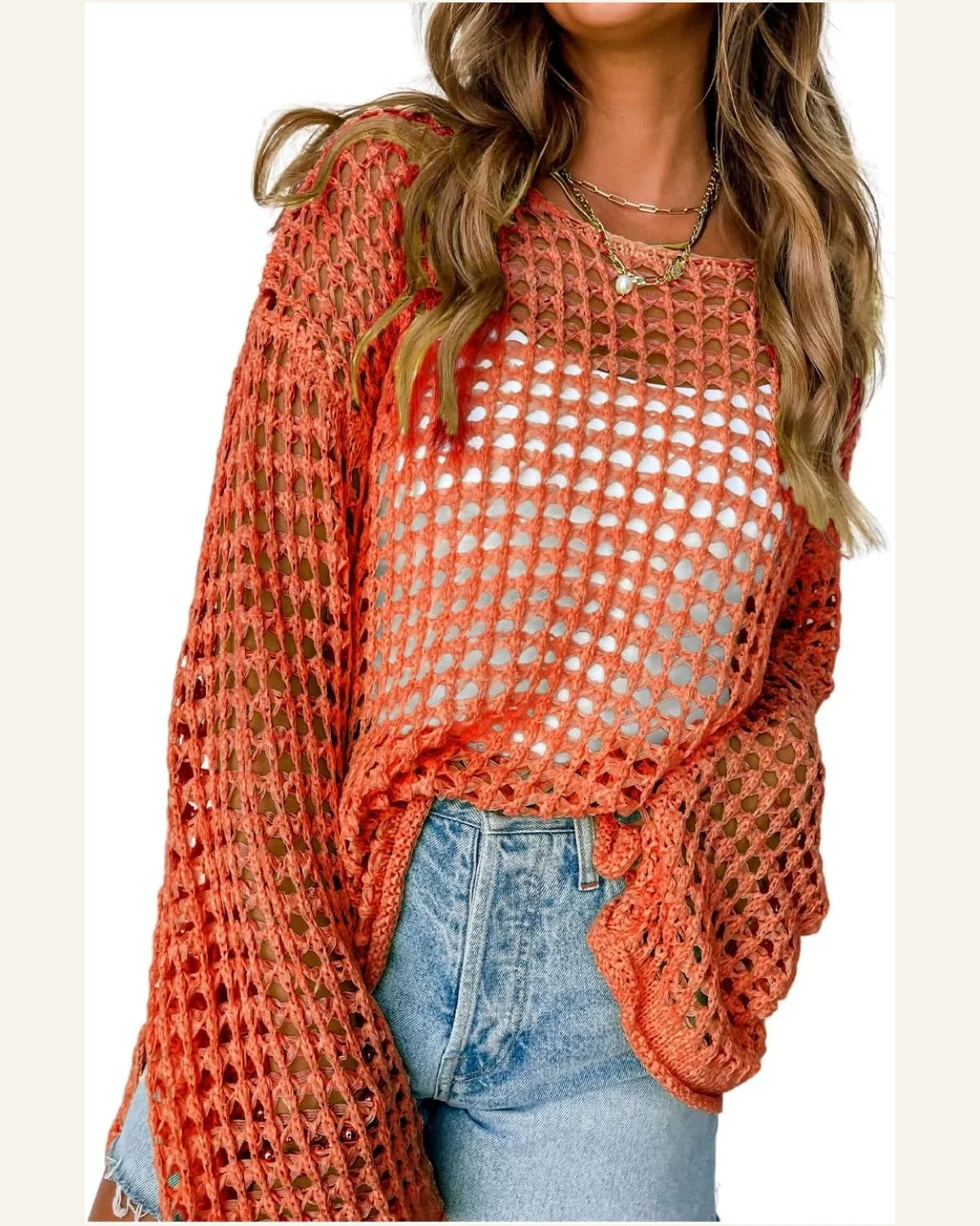 Pullover Sweater Tops Casual Orange Open Knit Crochet by SELINK