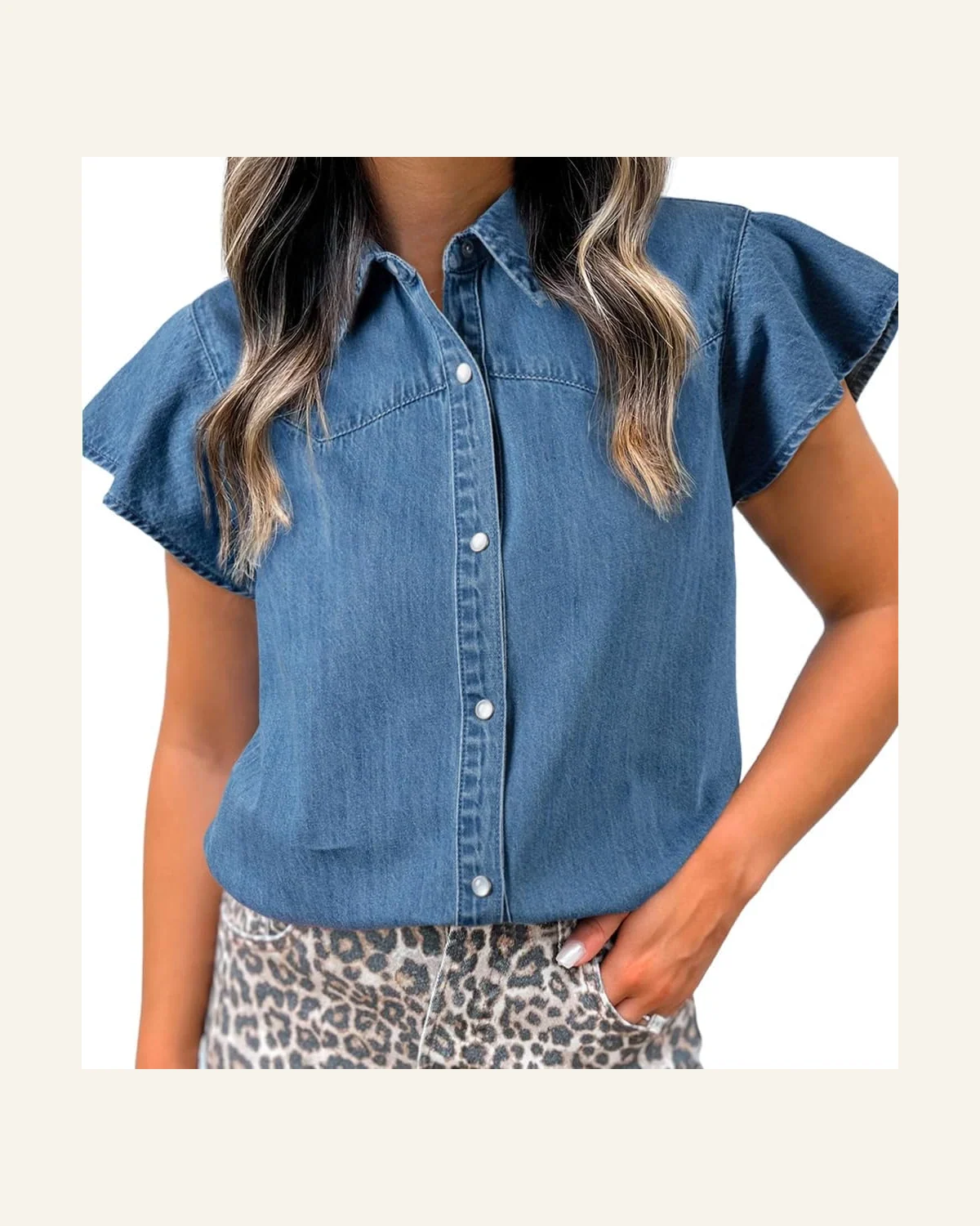 Dusk Blue Ruffled Short Sleeve Button Down Denim by SELINK