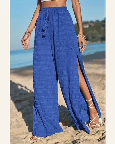 Casual Dark Blue Loose Textured Split Pants High, view 4