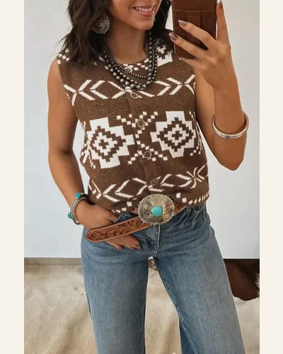 Western Print Tank Tops Brown Southwestern Aztec Button, view 3