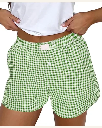 Casual Green Plaid Shorts Gingham High Waist Elastic, view 1