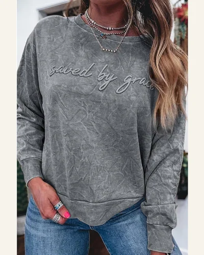 Casual Crewneck Sweatshirt Saved By Grace Letter Embroidery, view 2
