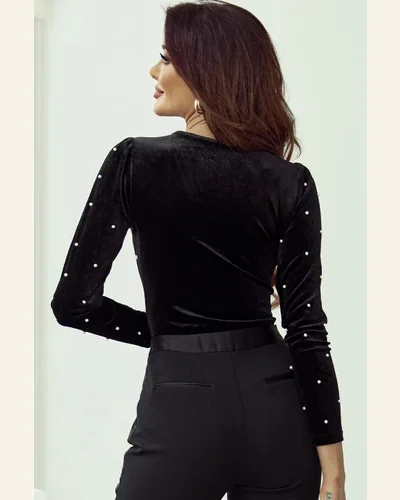 Bodysuit Elegant Black Velvet Beaded Long Sleeve, view 2