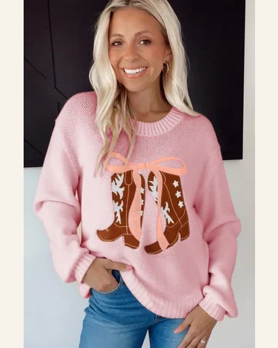 Casual Pink Embroidered Bow Boots Pullover Sweater Graphic, view 2