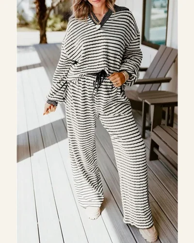 2 Piece Outfits Casual Stripe Collared Pullover Top, view 2