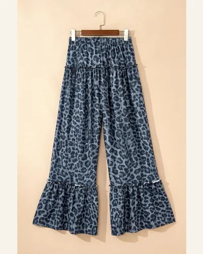 Gray Leopard Print Pants Drawstring Wide Leg Loose, view 3