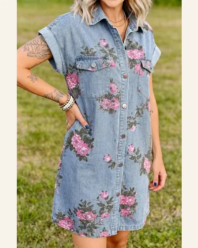 Floral Cuffed Short Sleeve Button Down Denim Dress, view 3