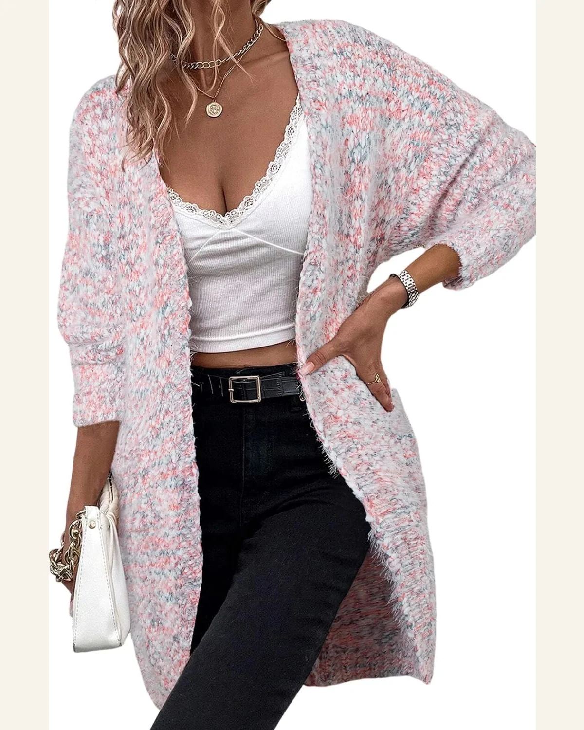 Cardigan Sweater Casual Pink Multicolor Confetti Open Front by SELINK